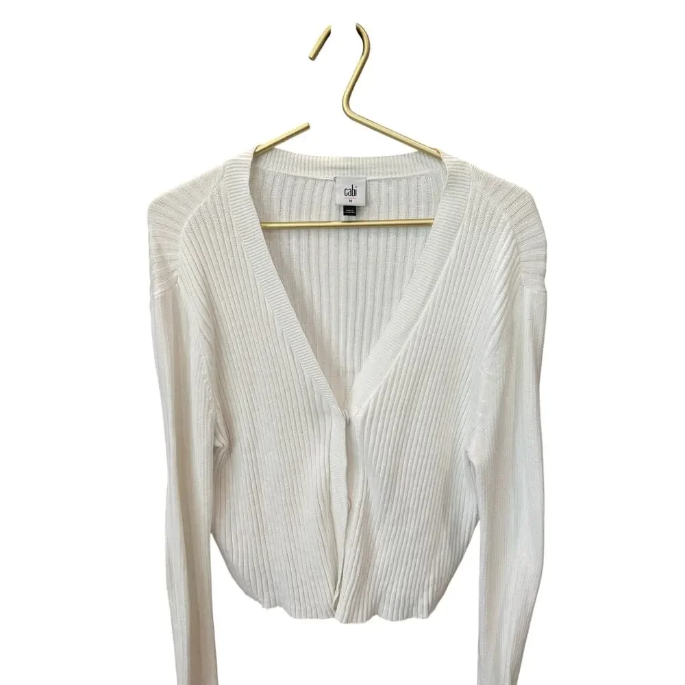 Cabi Snapshot Cardigan M White Cropped Ribbed Knit Snap V Neck Sweater 6173